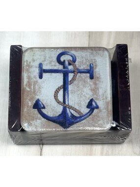 Anchors Away Set 4 Glass COASTERS w/ Wood Caddy Nautical Beach Coastal NWT NEW